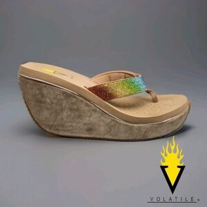 VOLATILE Glimpse Diamonte Rainbow Colored Casual Wedge Flip Flop Sandal Sz 8